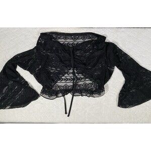 Women's Plus Sz 3X Black Lace Crop Top Bell Sleeves Sheer Coquette Festival
